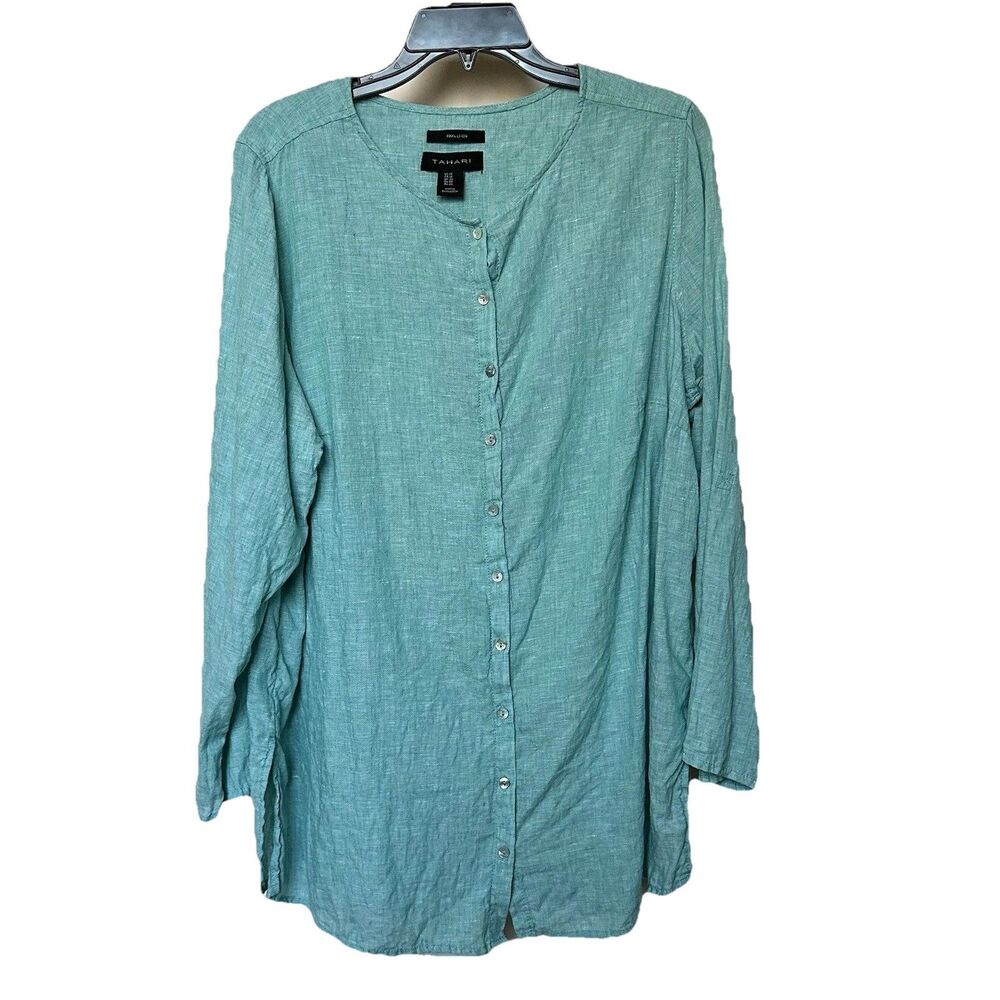 100% Linen Tahari Top XL Button Front Tunic Long Sleeves Green Coastal Preppy